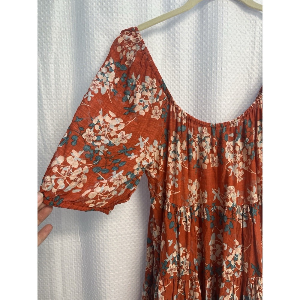 Bucket List Boho Floral Mini Dress Rust Orange Puff Sleeve Tiered Medium USA - Picture 5 of 6